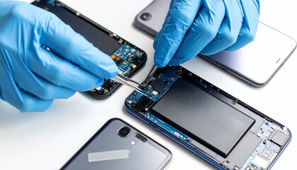 Smartphone repair with gloved hands and exposed components