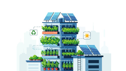 Naklejka premium This illustration depicts a sustainable smart farming system that combines renewable energy, advanced agriculture techniques, and modern technology to support food production. The image shows vertical