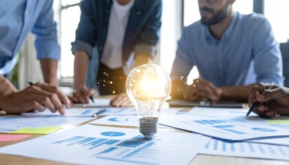 Team brainstorming with glowing idea bulb and charts