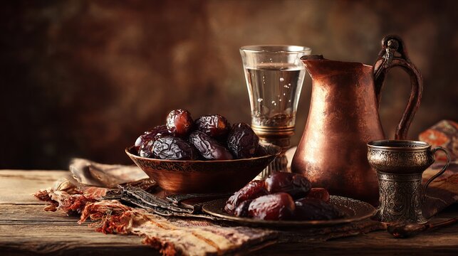 A traditional still life of dates and copperware on a wooden table