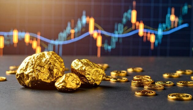 Gold coins and nuggets with financial chart backdrop - Powered by Adobe