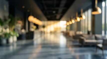Obraz premium Blurred background of a modern luxury hotel lobby or office reception area with warm lighting and stylish furniture, abstract defocussed interior space