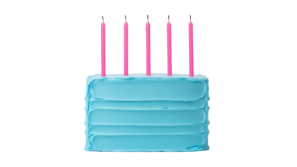 Blue frosted birthday cake with pink candles isolated PNG, festive dessert for celebration and party designs on transparent background