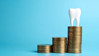 Tooth model on tallest coin stack with blue background symbolizing rising dental care expenses