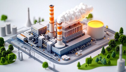Miniature power plant model with striped chimneys emitting smoke and glowing reactor in industrial zone