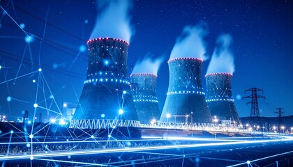 Futuristic nuclear power plant glowing under starry sky digital grid overlay blue lit steam towers