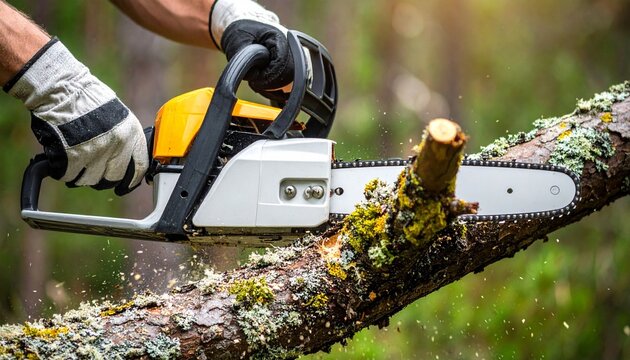 Person using chainsaw to cut mossy tree branch in forest with safety gloves and blurred background - Powered by Adobe