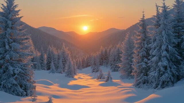 Winter Wonderland Sunrise: A breathtaking vista of snow-covered pine trees and majestic mountains welcomes the first light of dawn, painting the sky with a warm, golden hue.