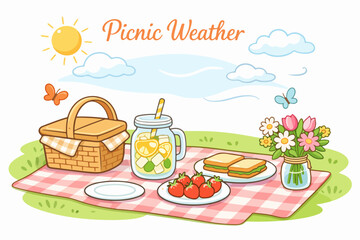 Picnic weather scene with basket lemonade strawberries sandwiches and flowers