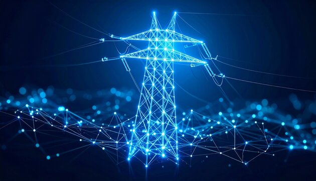 Digital transmission tower made of glowing blue nodes on dark background with wave patterns - Powered by Adobe