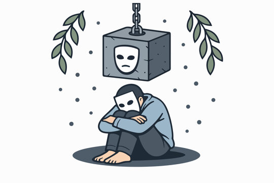 Impostor feelings: hiding behind a mask and self doubt concept