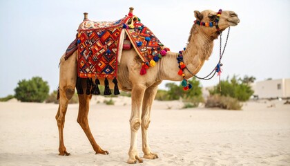 Decorated camel on sandy terrain near white building and sparse greenery
