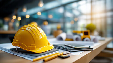 Architectural workspace showing building project documentation and safety equipment, construction planning, project design, drafting tools visible, faceless environment, with copy 