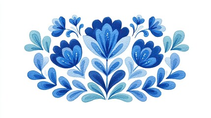 Symmetrical gzhel style ornamental composition featuring blue floral patterns and intricate designs on a white background with copy space for text or graphics