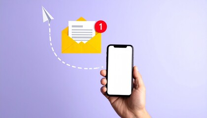 Smartphone with new message icon and paper plane on pastel background