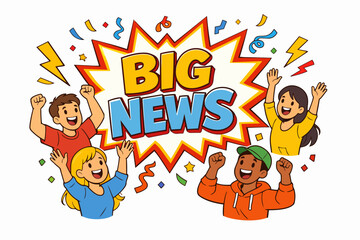 Big news comic burst banner with cheering kids and confetti