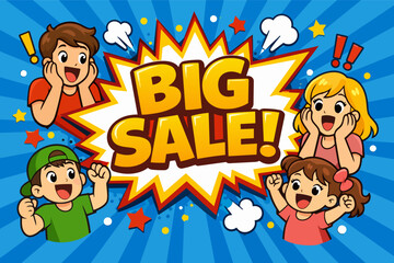 Naklejka premium Big sale comic pop art banner with happy kids on blue burst background