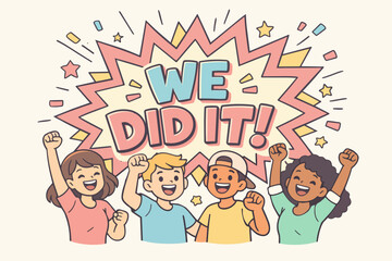 e did it comic celebration banner with happy kids and confetti