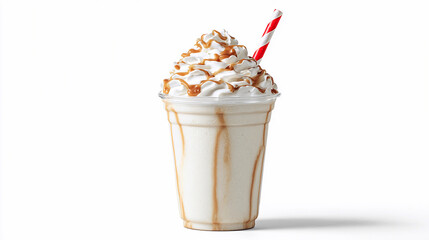 Milkshake in a clear cup with whipped cream and straw
