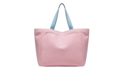 Pink beach bag isolated PNG on transparent background, summer tote with light blue handles for vacation and shopping