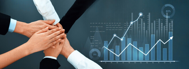 Image depicts diverse hands joining together symbolizing teamwork in a professional environment, alongside data graphs illustrating growth and success strategies. Scalp