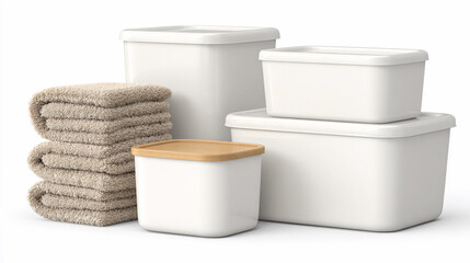 Storage containers and towels arranged on a plain background
