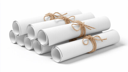 Rolled papers tied with rope arranged neatly on a white surface