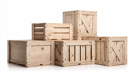 Wooden crates stacked in various positions on a white background