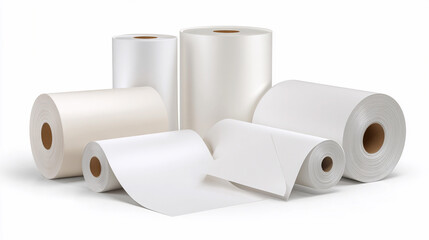 Various rolls of blank paper arranged on a plain surface
