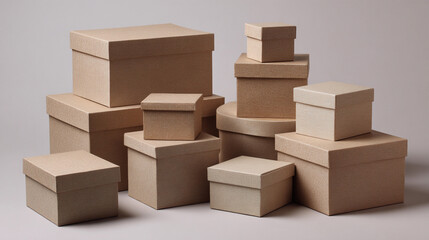 Stacked boxes of various sizes arranged on a plain background