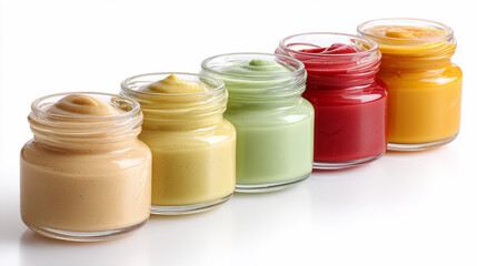 Colorful jars of sauce lined up on a white surface in daylight