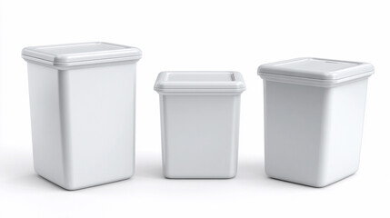 Three white storage containers of varying sizes are arranged together