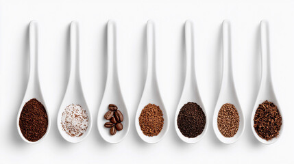 Coffee and spices on white spoons for cooking