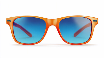 Bright colored sunglasses with blue lenses on a white background