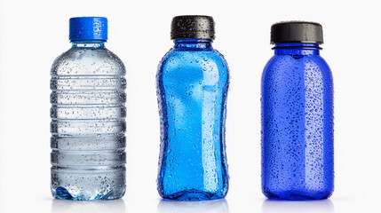 Various water bottles arranged in a line with droplets on the surface