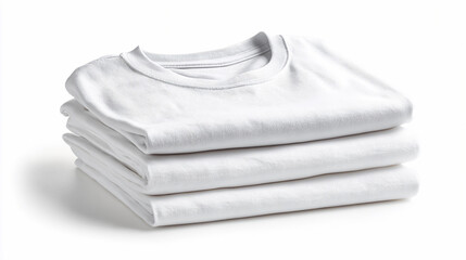 Folded white t-shirts stacked on a flat surface in a simple setting