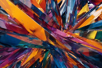 A vibrant and colorful abstract artwork featuring a kaleidoscope of glass shards in various hues and shapes.