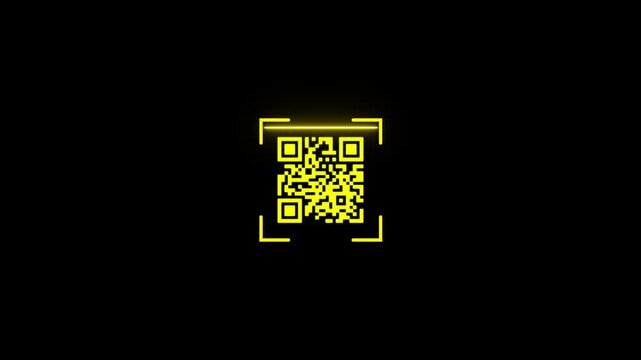Abstract Yellow QR Code With Scanner Frame On Black Background 4k Animation video.