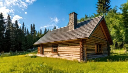 Obraz premium Rustic Log Cabin Retreat in a Verdant Forest Setting.
