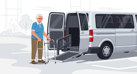 Senior man uses walker with accessible van featuring a ramp for mobility assistance