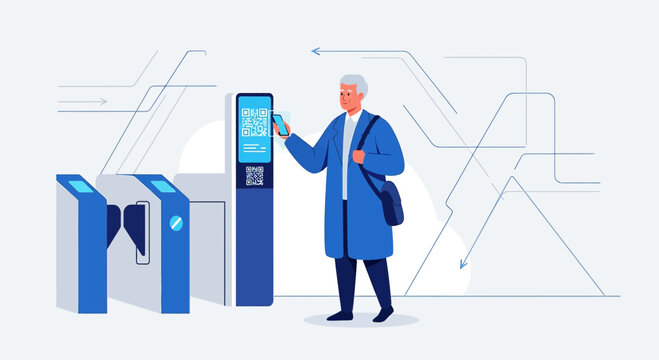 Seamless travel illustration: passenger scans code for swift transit experience at station