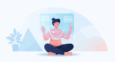 Obraz premium Woman interacting with a futuristic interface while meditating in a tranquil setting