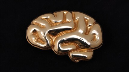 A gold brain shaped pendant is displayed on a black background. The pendant is shiny and has a gold color