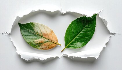 Contrast of two leaves, one vibrant green and the other browning, breaking through white paper
