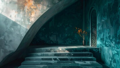 Minimalist interior with green marble stairs and vase