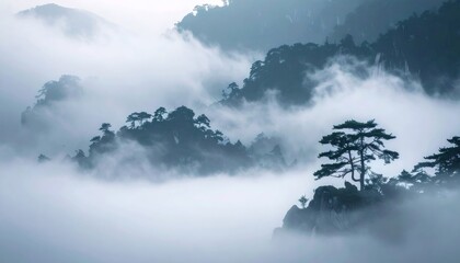 Huangshan yellow mountain landscape with pines reaching through fog