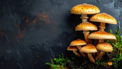 Group of wild mushrooms growing brown forest floor moss
