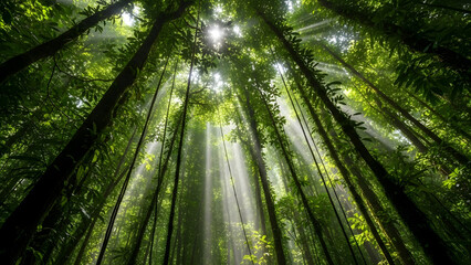 Dense moist canopy of a tropical forest, view from below. Lush green foliage, hanging vines, the sun's rays barely breaking through thick layers of leaves.
