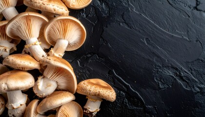 Fresh shiitake mushrooms scattered on dark stone background