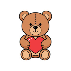 Cuddly teddy bear holding red heart, illustration of love and affection, cute cartoon character, isolated on white background, front view.